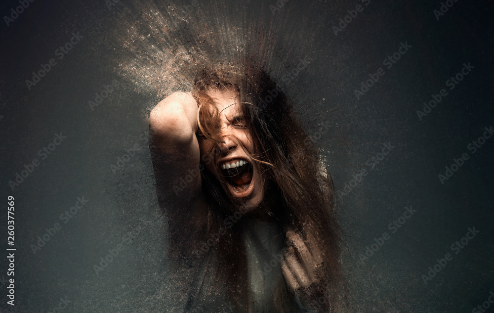 Screaming crazy frustrated woman dispersing into million particles, anxiety, anger and depression concept - obrazy, fototapety, plakaty 