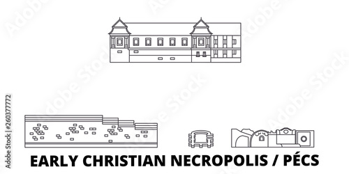 Hungary, Pecs, Early Christian Necropolis  flat travel skyline set. Hungary, Pecs, Early Christian Necropolis  black city vector panorama, illustration, travel sights, landmarks, streets.