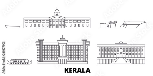 India, Kerala flat travel skyline set. India, Kerala black city vector panorama, illustration, travel sights, landmarks, streets.
