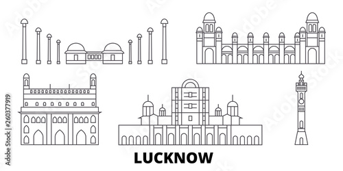 India, Lucknow flat travel skyline set. India, Lucknow black city vector panorama, illustration, travel sights, landmarks, streets.