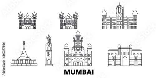 India, Mumbai 2 flat travel skyline set. India, Mumbai 2 black city vector panorama, illustration, travel sights, landmarks, streets. photo