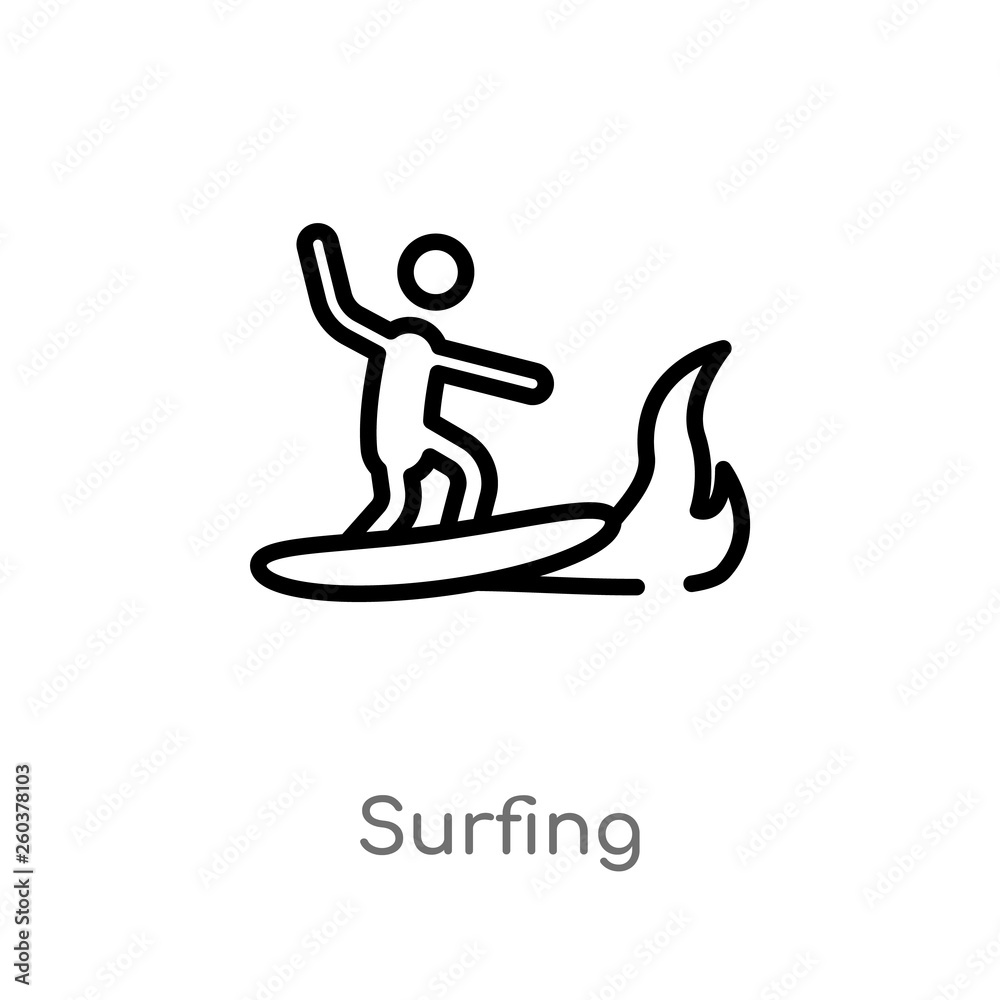 outline surfing vector icon. isolated black simple line element illustration from camping concept. editable vector stroke surfing icon on white background