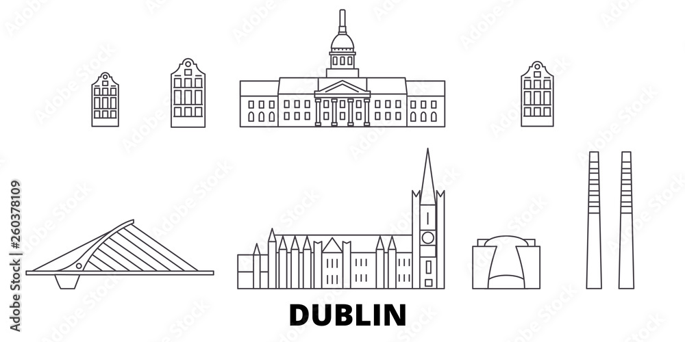 Obraz premium Irland, Dublin flat travel skyline set. Irland, Dublin black city vector panorama, illustration, travel sights, landmarks, streets.
