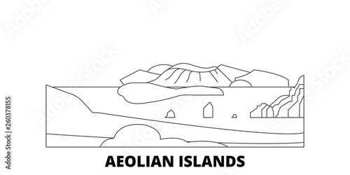 Italy, Aeolian Islands flat travel skyline set. Italy, Aeolian Islands black city vector panorama, illustration, travel sights, landmarks, streets.
