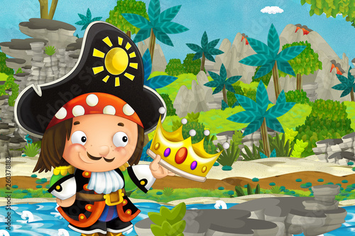 cartoon scene with pirate in the jungle holding royal crown - illustration for children