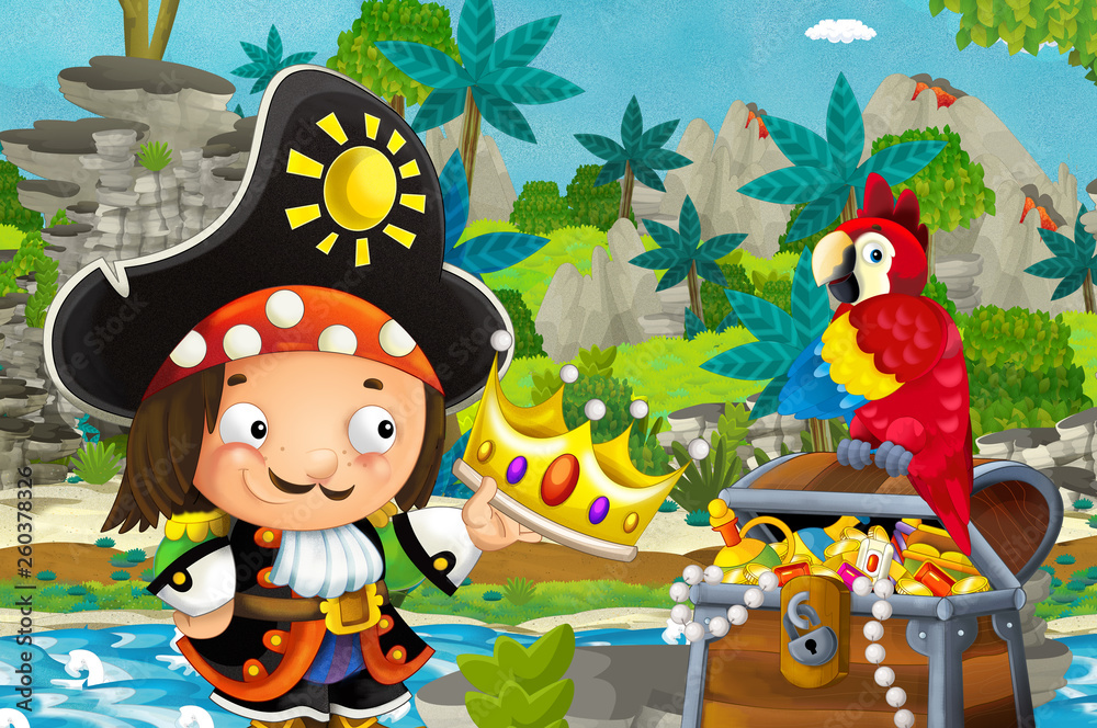 Naklejka premium cartoon scene with pirate in the jungle holding royal crown with treasure and parrot - illustration for children