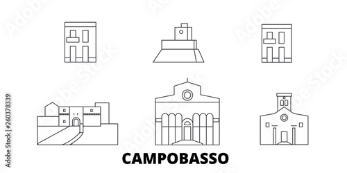 Italy, Campobasso flat travel skyline set. Italy, Campobasso black city vector panorama, illustration, travel sights, landmarks, streets.
