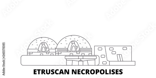 Italy, Cerveteri, Etruscan Necropolises flat travel skyline set. Italy, Cerveteri, Etruscan Necropolises black city vector panorama, illustration, travel sights, landmarks, streets.