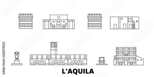 Italy, L'aquila flat travel skyline set. Italy, L'aquila black city vector panorama, illustration, travel sights, landmarks, streets.