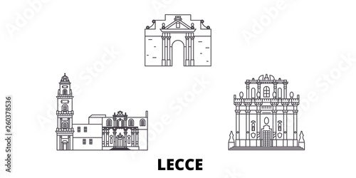 Italy, Lecce flat travel skyline set. Italy, Lecce black city vector panorama, illustration, travel sights, landmarks, streets.