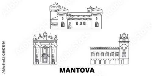 Italy, Mantova flat travel skyline set. Italy, Mantova black city vector panorama, illustration, travel sights, landmarks, streets.