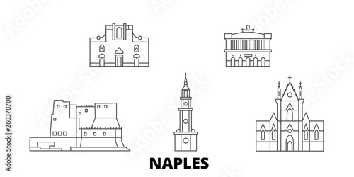 Italy, Naples flat travel skyline set. Italy, Naples black city vector panorama, illustration, travel sights, landmarks, streets.