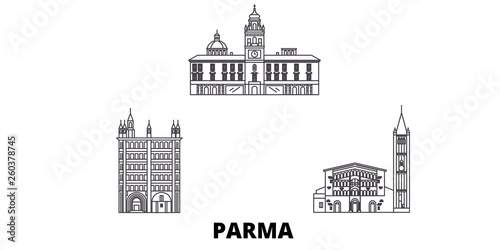 Italy, Parma flat travel skyline set. Italy, Parma black city vector panorama, illustration, travel sights, landmarks, streets.