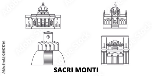 Italy, Piedmont And Lombardy, Sacri Monti flat travel skyline set. Italy, Piedmont And Lombardy, Sacri Monti black city vector panorama, illustration, travel sights, landmarks, streets.