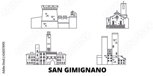 Italy, San Gimignano flat travel skyline set. Italy, San Gimignano black city vector panorama, illustration, travel sights, landmarks, streets.