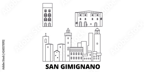 Italy, San Gimignano City flat travel skyline set. Italy, San Gimignano City black city vector panorama, illustration, travel sights, landmarks, streets.