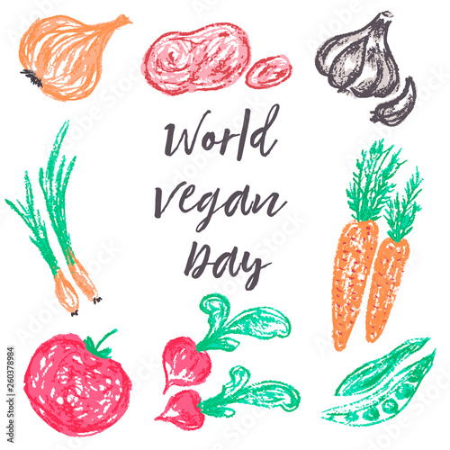 Children's drawing wax crayons. World Vegan Day. Onions, potatoes, garlic, pumpkin, carrots, peas, tomato, radish
