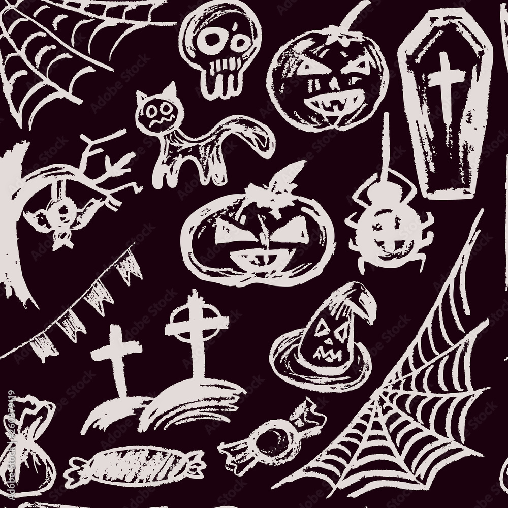 Halloween. Seamless Pattern. Collection of festive elements. Autumn holidays. Pumpkin, cobweb, skull, coffin, tree, bat, cemetery, candy, spider, flags, cat, witch hat