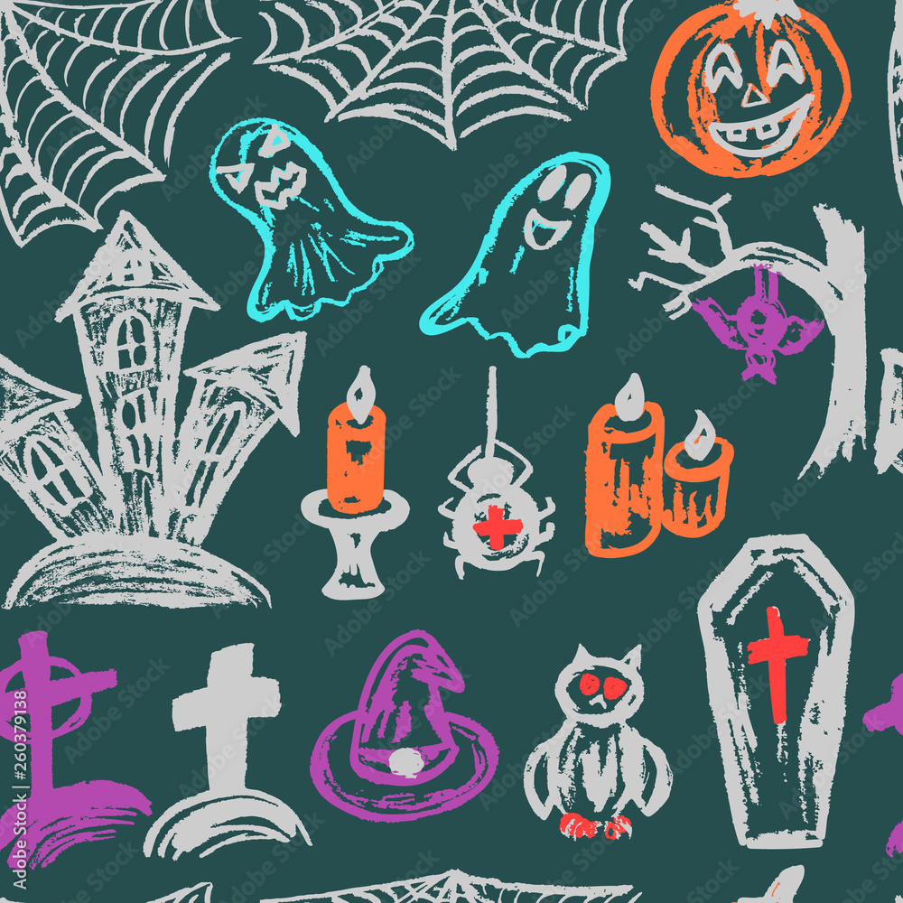 Halloween. A set of funny objects. Seamless pattern. Collection of festive elements. Autumn holidays. Pumpkin, spider web, ghosts, sinister castle, candle, owl, coffin, cemetery, tree, bat, spider