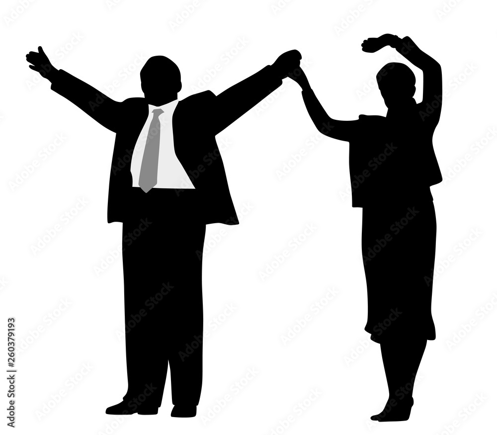 Successful business partners or leader politicians, husband and wife standing on stage, waving raised hands and greeting people.