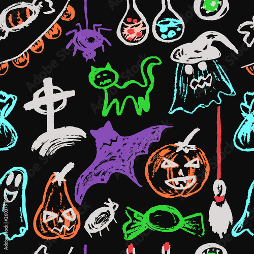 Halloween. Seamless pattern. Collection of festive elements. Autumn holidays. Pumpkin, ghost, spider, candy, eye, bat, broom, flags, potion, cat, cemetery