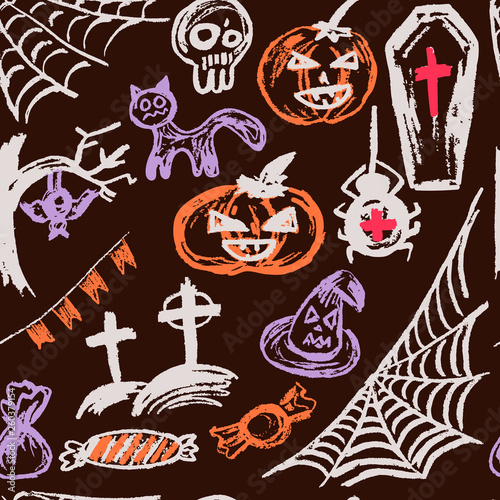 Halloween. A set of funny objects. Seamless pattern. Collection of festive elements. Autumn holidays. Pumpkin, cobweb, skull, coffin, tree, bat, cemetery, candy, spider, flags, cat, witch hat