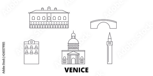 Italy, Venice City flat travel skyline set. Italy, Venice City black city vector panorama, illustration, travel sights, landmarks, streets.