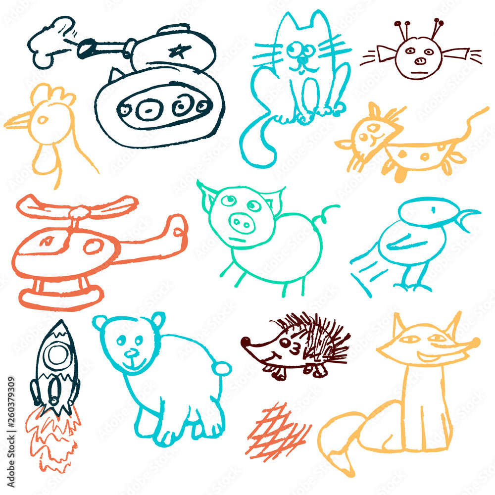 Obraz premium Cute children's drawing. Icons, signs, symbols, pins