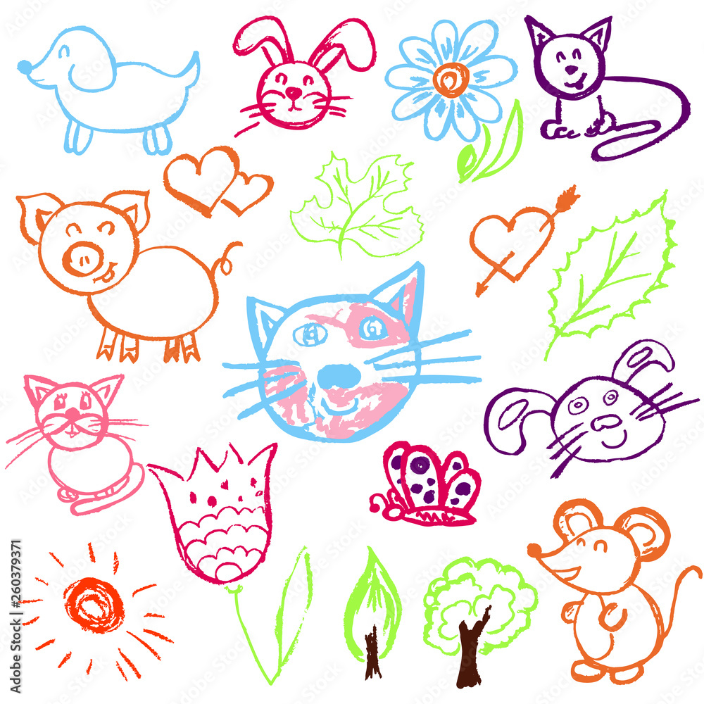 Cute children's drawing. Colored wax crayons. Icons, signs, symbols, pins. Cats, hares, flowers, trees, pig, mouse