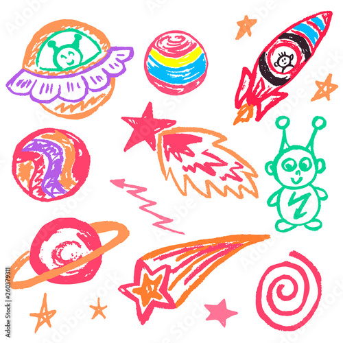 Cute children's drawing. Icons, signs, symbols, pins