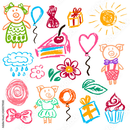 Cute children's drawing. Icons, signs, symbols, pins