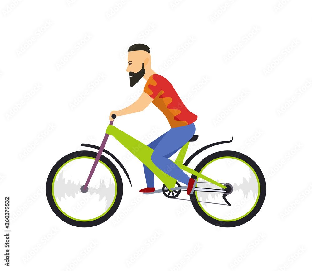 Men riding bicycle. With bicycle and boy in sportswear. Cartoon character design. Flat vector illustration isolated on white background. Men riding bicycle. With bicycle and boy in sportswear. Cartoon character design. Flat vector illustration isolated on white background.