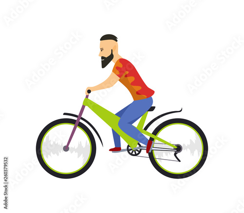 Fototapeta Naklejka Na Ścianę i Meble -  Men riding bicycle. With bicycle and boy in sportswear. Cartoon character design. Flat vector illustration isolated on white background.
