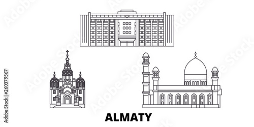 Kazakhstan, Almaty flat travel skyline set. Kazakhstan, Almaty black city vector panorama, illustration, travel sights, landmarks, streets.