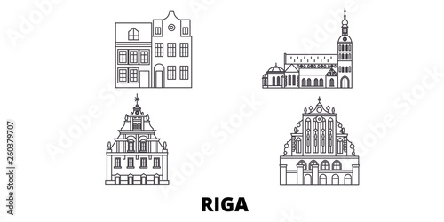Latvia, Riga flat travel skyline set. Latvia, Riga black city vector panorama, illustration, travel sights, landmarks, streets.