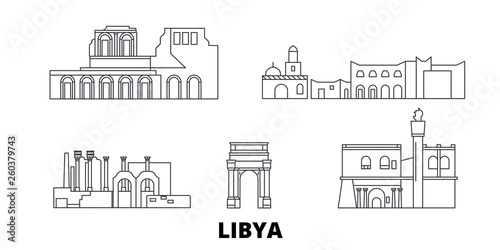 Libya flat travel skyline set. Libya black city vector panorama, illustration, travel sights, landmarks, streets.