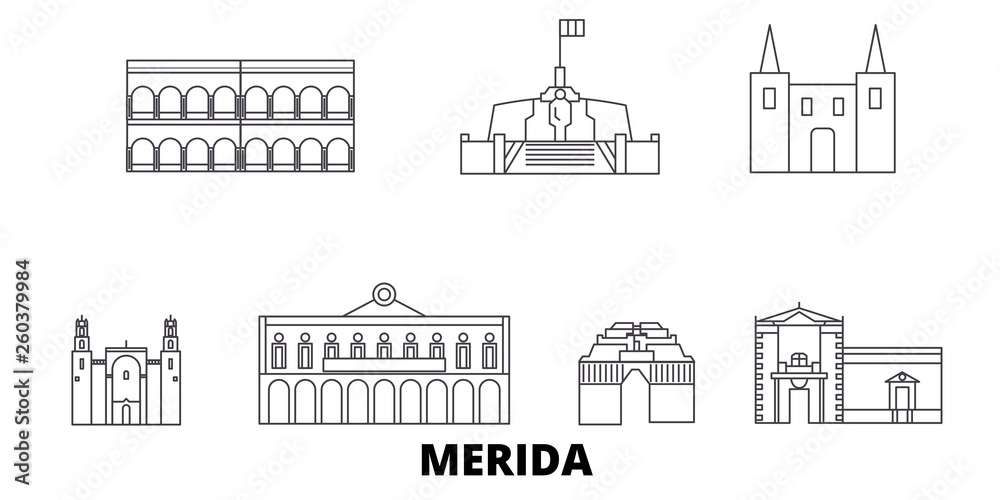 Mexico, Merida flat travel skyline set. Mexico, Merida black city vector panorama, illustration, travel sights, landmarks, streets. - obrazy, fototapety, plakaty 