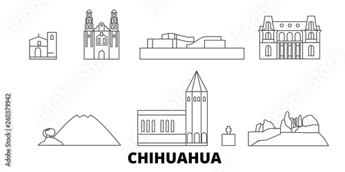 Mexico, Chihuahua flat travel skyline set. Mexico, Chihuahua black city vector panorama, illustration, travel sights, landmarks, streets.