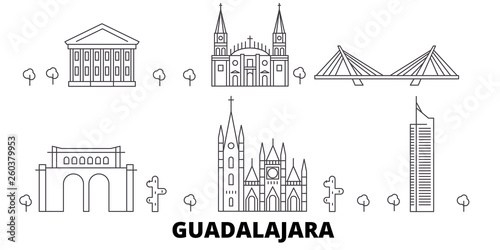 Mexico, Guadalajara flat travel skyline set. Mexico, Guadalajara black city vector panorama, illustration, travel sights, landmarks, streets.