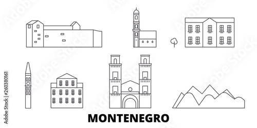 Montenegro flat travel skyline set. Montenegro black city vector panorama, illustration, travel sights, landmarks, streets.