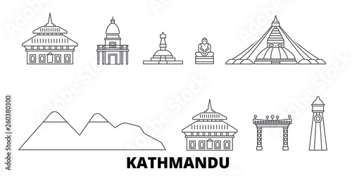 Nepal, Kathmandu flat travel skyline set. Nepal, Kathmandu black city vector panorama, illustration, travel sights, landmarks, streets.