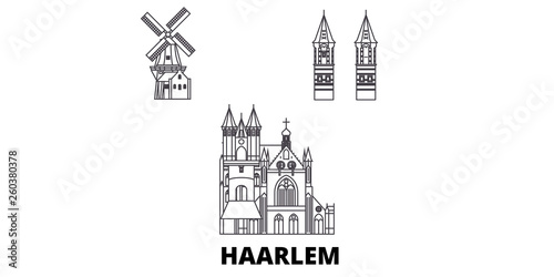 Netherlands, Haarlem flat travel skyline set. Netherlands, Haarlem black city vector panorama, illustration, travel sights, landmarks, streets.