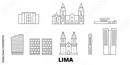 Peru, Lima flat travel skyline set. Peru, Lima black city vector panorama, illustration, travel sights, landmarks, streets.