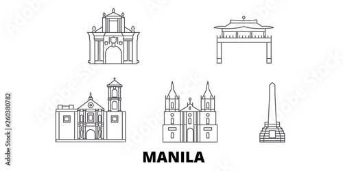 Philippines, Manila flat travel skyline set. Philippines, Manila black city vector panorama, illustration, travel sights, landmarks, streets.