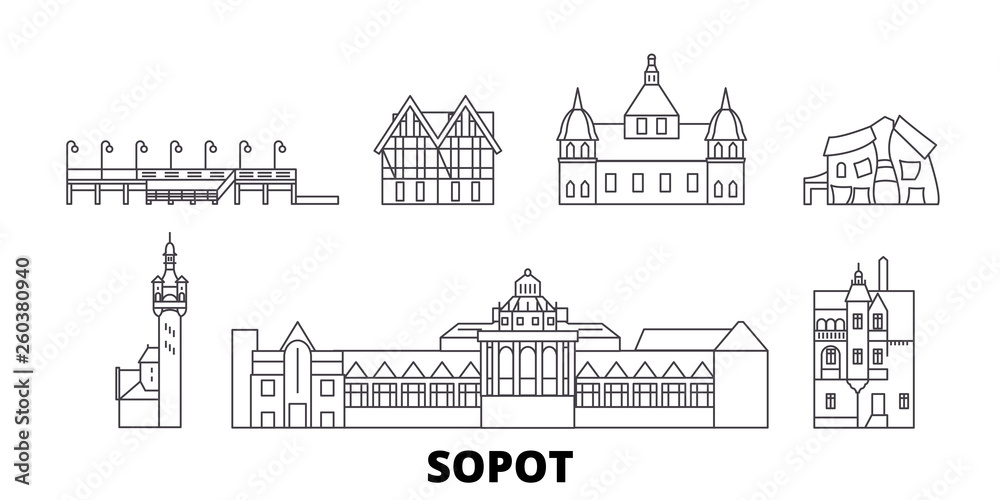 Naklejka premium Polska, zestaw sopockich płaskich panoram. Polska, Sopot panorama miasta wektor czarny, ilustracja, zabytki podróży, zabytki, ulice.