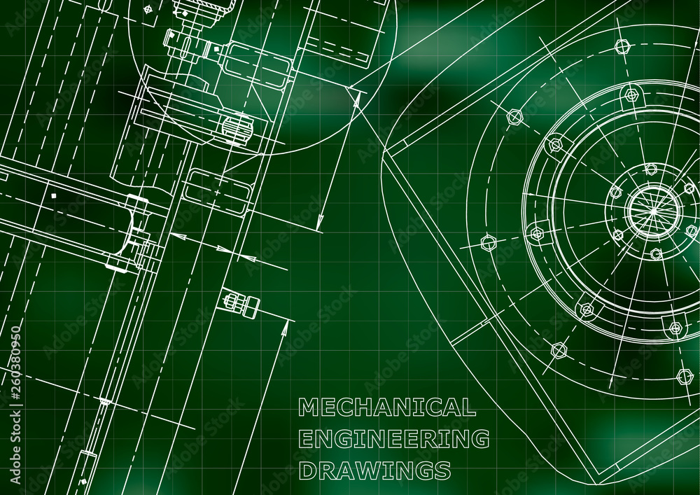 Blueprint, Sketch. Vector engineering illustration. Cover, flyer, banner, Green background. Grid. Instrument-making drawing