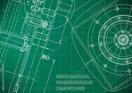 Blueprint, Sketch. Vector engineering illustration. Cover, flyer, banner, Light green background. Grid. Instrument-making drawing
