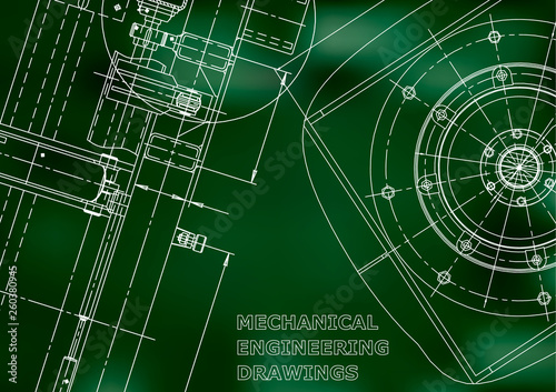 Blueprint, Sketch. Vector engineering illustration. Cover, flyer, banner, Green background. Instrument-making drawing