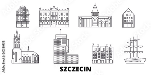 Poland, Szczecin flat travel skyline set. Poland, Szczecin black city vector panorama, illustration, travel sights, landmarks, streets.