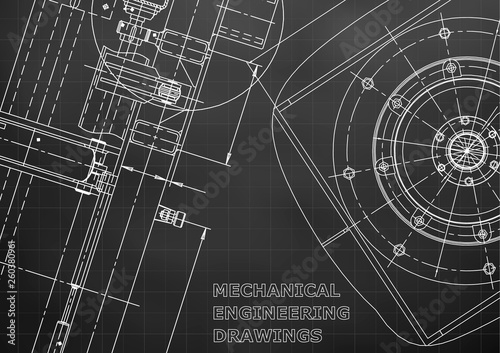 Blueprint, Sketch. Vector engineering illustration. Cover, flyer, banner, Black background. Grid. Instrument-making drawing